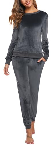 Wayleb Damen Pyjama Set Rundhals Langarm Nicki Hausanzug Samtweich 2 Teilig Velours Freizeitanzug Frauen Nachtwäsche Pullover mit Gummizug Hose mit Tasche Hausanzug, Grau XL