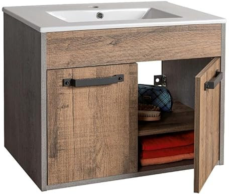 Decor Space Mobile da bagno Industrial sospeso con lavabo in ceramica Rovere Made in Italy (Lavabo)