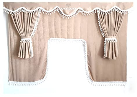 Ensemble complet de rideaux pour camion avec pompons blancs avec logo Volvo Beige