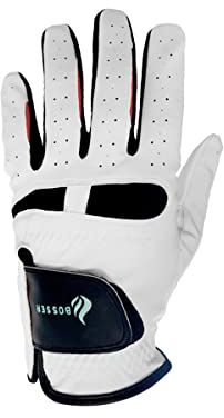 BOSSER Guanti da Golf Uomo in Pelle e Spandex per Mano Sinistra/Destra (Giocatore Sinistrorso/Destrorso), Ergonomici (Bianco, L, Destrorso)