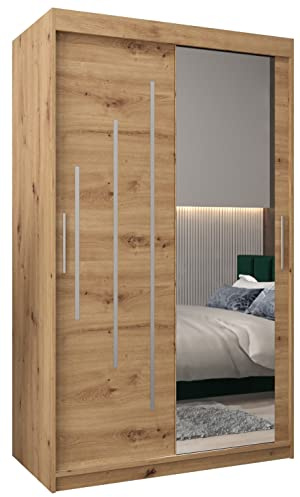 MEBLE KRYSPOL Kleiderschrank mit Spiegel York 2 - Garderobenschrank - Schrank Schlafzimmer - Mehrzweckschrank Zwei Schiebetüren - Regalen - Flur Möbel - Kleiderstange Schrank - Allzweckschrank