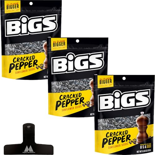 BIGS Cracked Pepper Flavored Sunflower Seeds - 5.35 oz Bags (Pack of 3) - With Mighty Merchandise Bag Clip