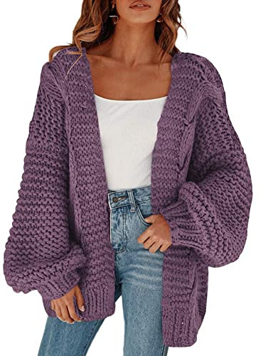 Cicy Bell Damen Strickjacken Cardigan Lose Laternenärmel Elegante Übergroße Pullover Lila L