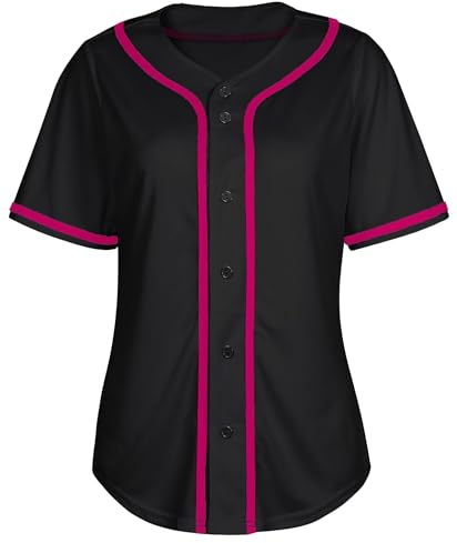 Damen-Baseballtrikot, Knopfleiste, blanko, Softball-Trikot, kurzärmelig, Hip-Hop-Aktiv-Hipster-Shirt, Schwarz und Rosa, Mittel