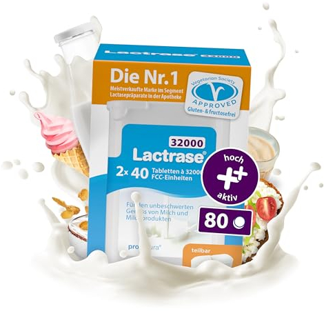 pro natura Lactrase 32000 – 2x40 Lactase Tabletten bei Lactose-Intoleranz, für den unbeschwerten Genuss von Milch und Milchprodukten