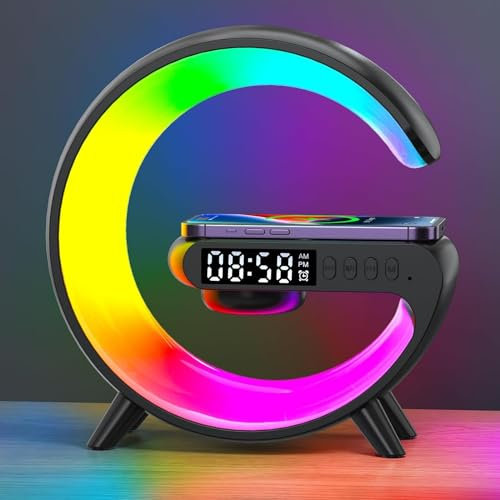 Domigard Wireless Speaker Charger Lamp, RGB Color Changing Atmosphere Lamp, G-Shaped Bedside Lamp Alarm Clock with Wireless Charger 5W for Bedroom, Birthday Gifts Teenage Boys(Black-USB)