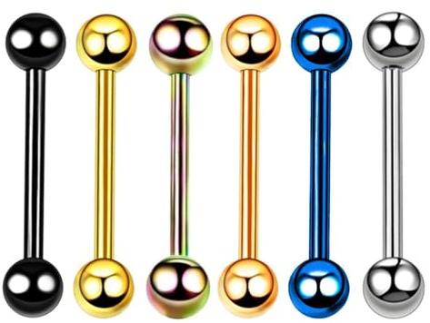 Heuvipens 6pc 14G Surgical Steel Mixed Color Barbell Tongue Straight Bar Ring Stud Piercing Jewelry Set 5/8 Length