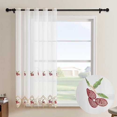 DALINA Textil - Cortina Cocina 150 x 140 cm, Visillo Cocina con Bordados Transparente un Panel 150 x 140 cm (Ancho por Largo), Cerezas