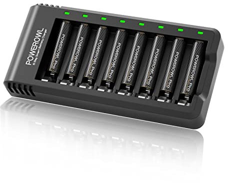 POWEROWL Pilas Recargables AAA Pro con Cargador, 8 Bahías Cargador Pilas con LED, Alta Capacidad 1100mAh AAA Pilas Recargables 1.2V Ni-MH(8 Piezas)