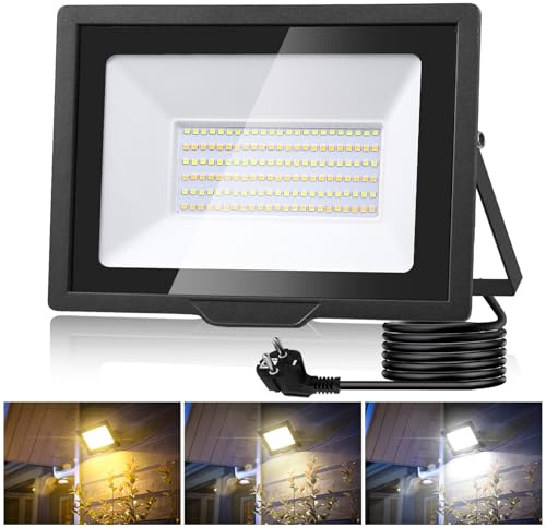wowspeed LED Strahler Außen Mit Stecker - 100W 3000K/4500K/6500K, 10000LM Superhell Fluter, IP65 Wasserdicht Scheinwerfer für Hof, Garten, Sportplatz