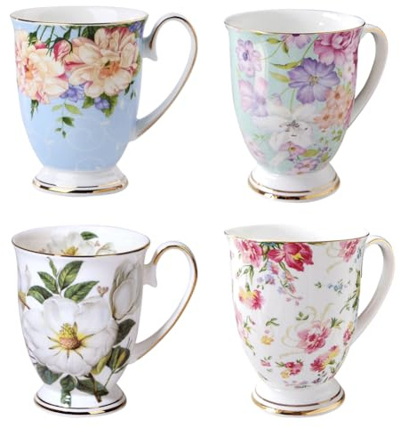 MIATTCLD Lot de 4 tasses à café en porcelaine anglaise 312 ml Cadeau pour maman et amis