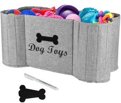 Ctomche Dog Toy Box, Bone Shaped, Rustic Style, Large Dog Toy Storage Bin, Collapsible Dog Toy Organiser, with Sticker and Maker