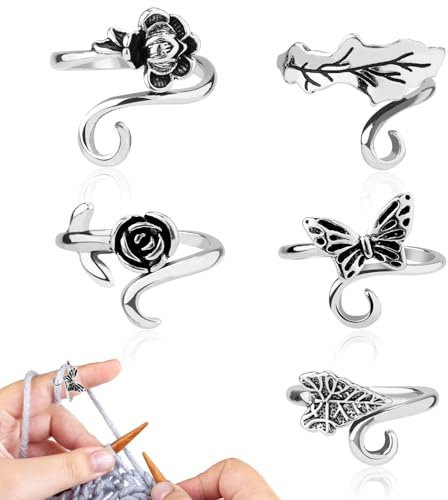 5 Stück Häkelringe, Häkelfingerring mit Rosen Lotusblättern und Schmetterlingsmotiv mit Aufbewahrungsbox Häkelspannungsring Häkelführungsring Handstrickwerkzeuge