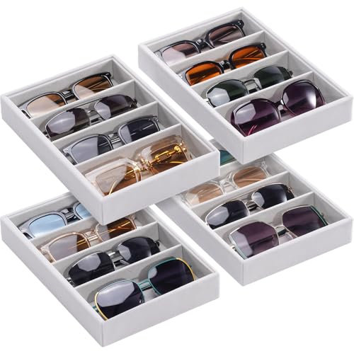Lolalet Bandeja Organizador de Gafas de Sol, 4 Compartimentos para Gafas de Ante, Estante de Almacenaje para Gafas de Sol para Mujeres y Hombres - 4 Unidades, Gris