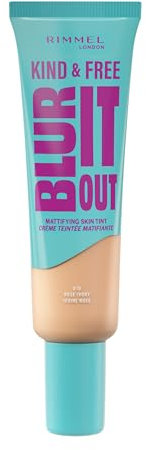 Rimmel London Kind & Free BLUR IT OUT Fondotinta Opacizzante, 010, Rose Ivory, Controllo effetto lucido per tutto il giorno, Make-up dal finish matte leggero, 30 ml