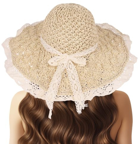 Strohhut für Damen, mit Spitze, Sommer, breite Krempe, Sonnenhut, faltbar, Strand, Reisen, aufrollbar, elegant, gehäkelt, Strohhut