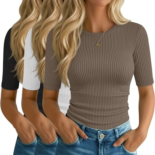 Riyiper – Lot de 3 Hauts pour Femme à Manches mi-Longues – T-Shirts d'été en Coton côtelé à col Rond – Coupe ajustée – Blouses décontractées