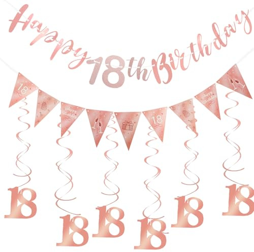 Geburtstag Deko, Geburtstagsdekoration, Roségold, Banner Bunting Swirls,Wirbel Set, Spiralen Geburtstagsdeko, Frau Luftschlangen, Triangle Flag für 18, 30, 40, 50 (18)