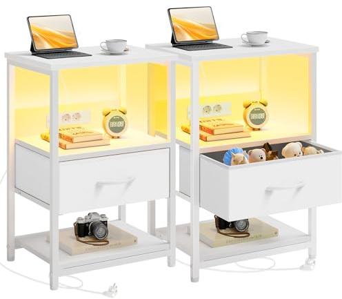 Seventable Comodino con LED e Presa di Corrente, Mobiletto Notturno Moderno con Spazio di Stoccaggio, Facile da Montare, Side Table per Soggiorno, Camera da Letto e Spazi Piccoli, Bianco x2