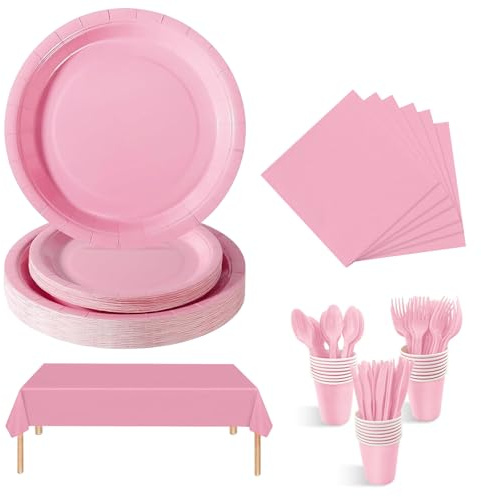 Chingcoo 169 Stück Partygeschirr Set Bunt, Pappteller für 24 Personen, Pappbecher Bunt & Pappteller Set mit Besteck, Servietten & Tischdecke - Perfektes Pappgeschirr Setz für Geburtstage & Partys