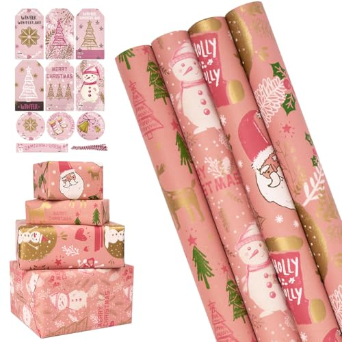 Geschenkpapierrolle für Weihnachten: 4 Rollen Weihnachts-Geschenkpapier in verschiedenen Designs, 43 cm x 3 m, mit Geschenkanhängern und Kordel