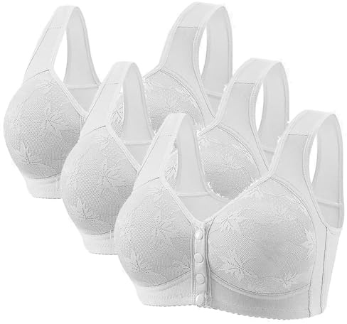 XMWSPO Front Fastening Bras for Women UK 3 Pack-Bra Plus Size Women Full Support Non Wired,Plus Size,Front Close Button,Wide Straps Underwear,Comfort Push Up Everyday Bra Sleep A White 3XL