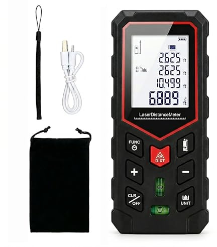 Laser Measure Device 197ft,±2mm Accuracy Laser Distance Meter 600mAH | Large Backlit LCD & Dual Bubble Levels,IP54 Distance Area Volume Pythagorean,M/in/Ft Unit Switching,for Home DIY Building