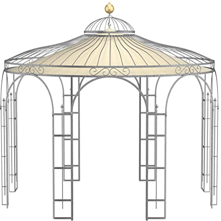 ELEO Pavillon Florenz verzinkt mit Sonnensegel und Dekorkugel - rund 4x4 m Rankpavillon für den Garten handgeschmiedet Schmiedeeisen - Rosenpavillon Metall stabil feuerverzinkt - mit Sonnenschutz Dach