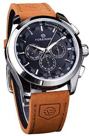 FORSINING Orologio da polso meccanico da uomo, automatico, a carica automatica, militare, cinturino in vera pelle, impermeabile, luminoso, casual, business, Nero , Cinturino