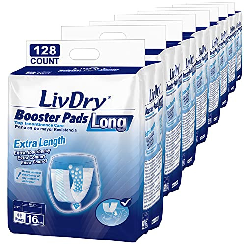 LivDry Almohadillas de refuerzo de incontinencia, uso con pañales para adultos para mujeres y hombres, suavidad extra cómoda, almohadilla desechable (128 unidades, longitud larga)