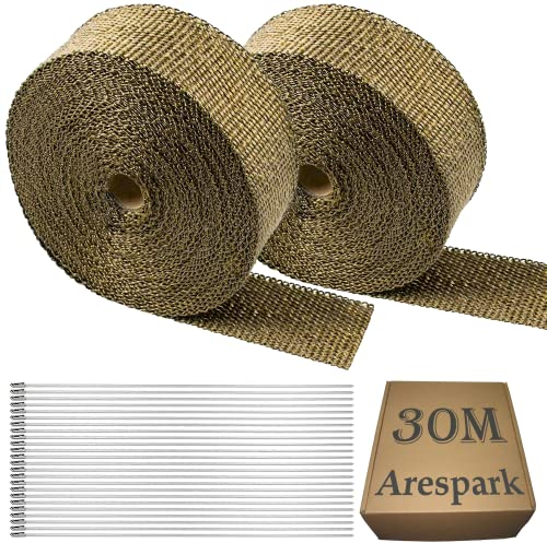 Arespark Cinta Anticalorica para Escapes 30M, 2 Rollos 15M Dorado Cinta de Escape Termica Moto Hecho de Fibras de Basalto con 24 Bridas Metalicas, para Colectores de Escape de Moto y Coches También