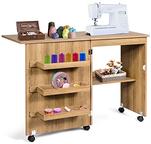 GIANTEX Nähtisch klappbar, Nähmaschinentisch auf Rollen, Nähtisch für Nähmaschine, Nähschrank Holz, Mehrzwecktisch für Wohnzimmer Arbeitszimmer Schlafzimmer (walnuss)