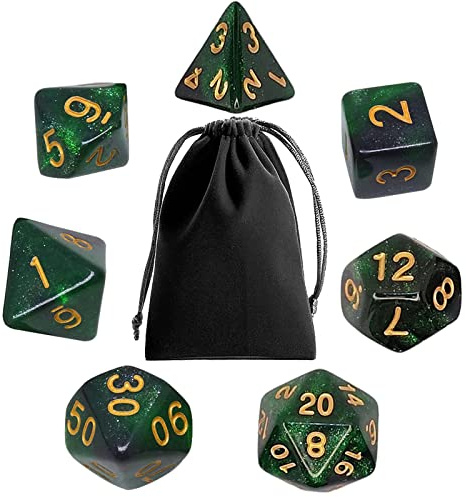 Polyhedral RPG Dice, 7PCS Polyhedral DND Dice Set with Dice Bags for Dungeon and Dragons D&D MTG Role Playing Card Table Games (Starry Black Green)
