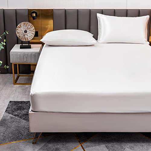 Satin Spannbettlaken Einfarbig 140x200 cm für Matratzen bis 30cm, Betttuch Leintuch Weiche Polyester-Satin Spannbetttuch Bettlaken Weiß