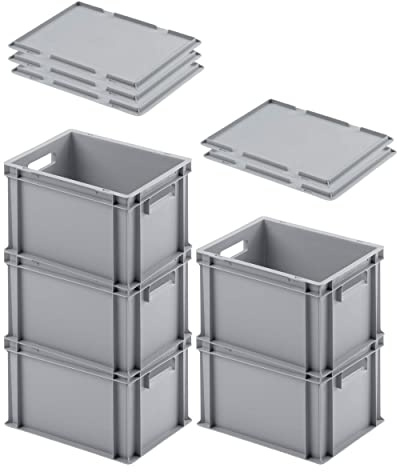 PROREGAL SuperSparSet 5x Eurobehälter mit offenem Griff & Auflagedeckel | HxBxT 23,5x30x40cm | 22 Liter | Grau | Eurobehälter Transportbox Transportbehälter Stapelbehälter