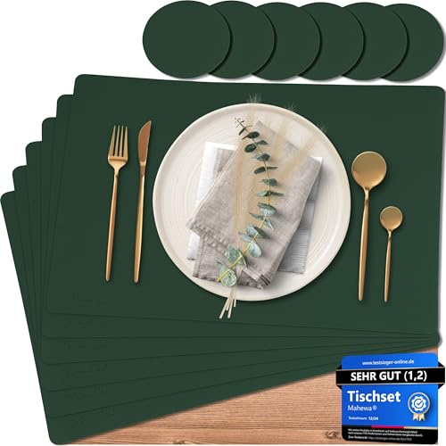 Mahewa® 6er Set Premium Tischset aus Kunstleder - Platzset abwaschbar und wasserdicht - Platzdeckchen Telleruntersetzer in Lederoptik (Kieferngrün, Eckig)