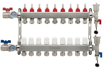 VANCOCO Collettore di Calore Radiante a 9 Circuiti con Eurocone 3/4 (16 x 2 mm), Distributore di Circuiti di Riscaldamento, Kit Collettore PEX con Misuratori di Flusso e Valvole a Mano