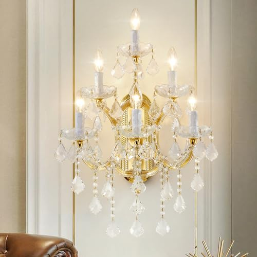 Modern Crystal Wall Sconce Lights- 6 Light Maria Theresa Crystal Wall Sconces Lighting Gold Wall Lamp Chandelier Light Fixtures for Living Room Wall Sconce Light Wall Mounted Lamp Indoor