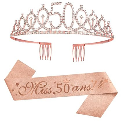 (2 pcs) Couronne 50 Ans Anniversaire Echarpe 50 Ans Diadème Tiare de Couronne 50 Ans Or Rose Écharpe Happy 50th Birthday Décoration Ensemble d'anniversaire 50 Femmes