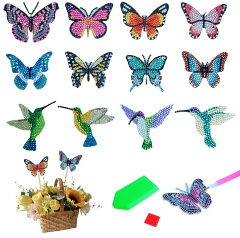 FINEASY 12 Stück Acryl Diamond Painting Schmetterling Kolibri Bastelset, Diamant Painting Schmetterlinge Deko Kits mit Dekostäbchen & Saugnapf, 5D Diamont Painting für Kinder, Erwachsene