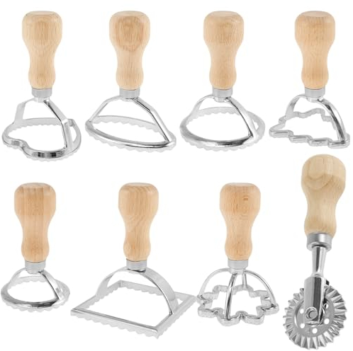 Ravioli Stamp Ravioli Maker Set 8 Piece Shape Cutters with Roller for Cutting Dumplings Maker Mold with Wooden Handle and Fluted Edge Manual Pasta Press Kitchen Tools Pasta Maker for Home Kitchen