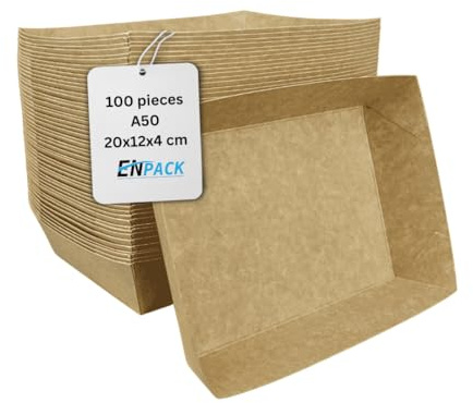 Enpack Snackschale A50-500 Stück Snackschalen aus Kraftpapier - Snack Box 20 x 12 x 4 cm - Currywurst Schale 950 ml - Behälter für Tapas, Chips, Pommes etc. - optimal geeignet als Fingerfood Schalen
