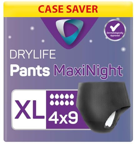 Drylife Pants Disposable Pull-Up Unisex Incontinence Pants | 3000ml Absorbency, Overnight Protection, Dry Feel Technology Anti-Leak Security, Breathable Material (XL (Pack of 36), Maxi)