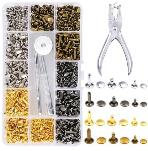 Tskcvy Leather Rivet Kit,180 Sets Double Cap Rivets Tubular,4 Colors 3 Sizes Leather Rivets and Snaps,for Thin Leather, Jacket