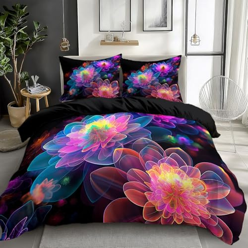 CozyRest Luxus Bettwäsche Set, Mikrofaser Leuchtendes Neon-3D-Blumenmuster Bettbezug, 3-teilig, Antiallergisch, Schlafkomfort für Einzelbett, Weich, Hautfreundlich, Reversibel Schwarz 135 x 200 cm