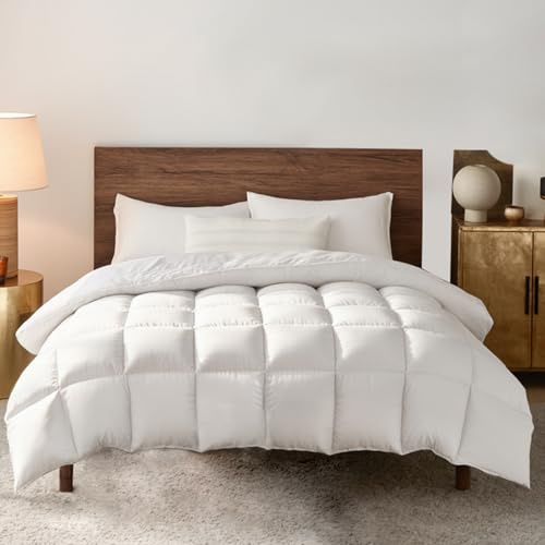 13.5 Tog Double Size Duvet with Cotton Cover – Feather and Down Filled for Superior Warmth, Double-Stitched with Piping and Box Quilting, Machine Washable
