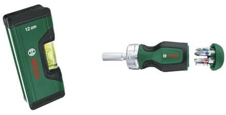 Bosch Wasserwaage 12cm + Stubby Ratschenschraubendreher mit Bit Magazin, 6-teilig