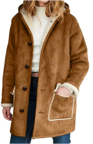HESYSUAN Giacca Cappuccio in Pelle Scamosciata Donna, Cappotti Invernali Soffici Donna 2024 Trench in Pelle Scamosciata e Montone Tasche Larghe e Taglie Forti (S,Brown)