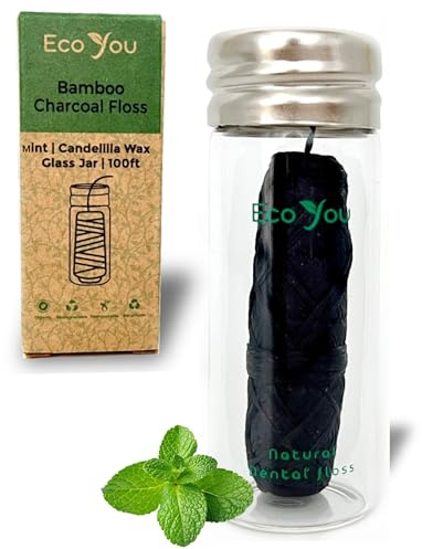 EcoYou Charcoal Bamboo Dental Floss with Glass Holder | Mint & Candelilla Wax | Reusable