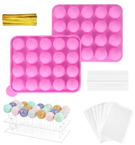 Kinberry 20 Cavity Silicone Cake Pop Mold Kits, Cake Pop Mould with 100pcs Cake Pop Sticks, Bags, Twist Ties and 1 Lollipop Stand, Non-Stick Lollipop Mold, Great for Cake Pop and Chocolate Maker